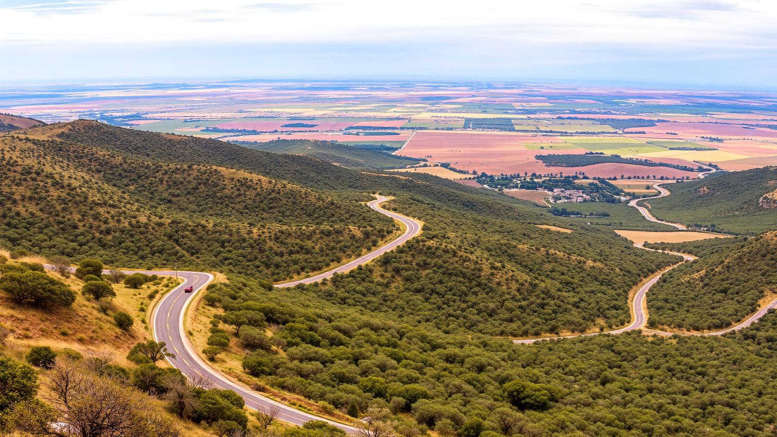 Paisagem panorâmica do Alentejo com estrada sinuosa