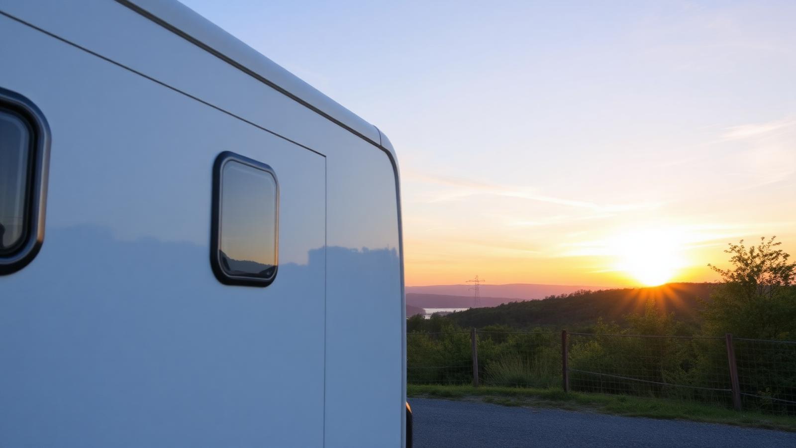 Autocaravana ao pôr do sol numa paisagem portuguesa