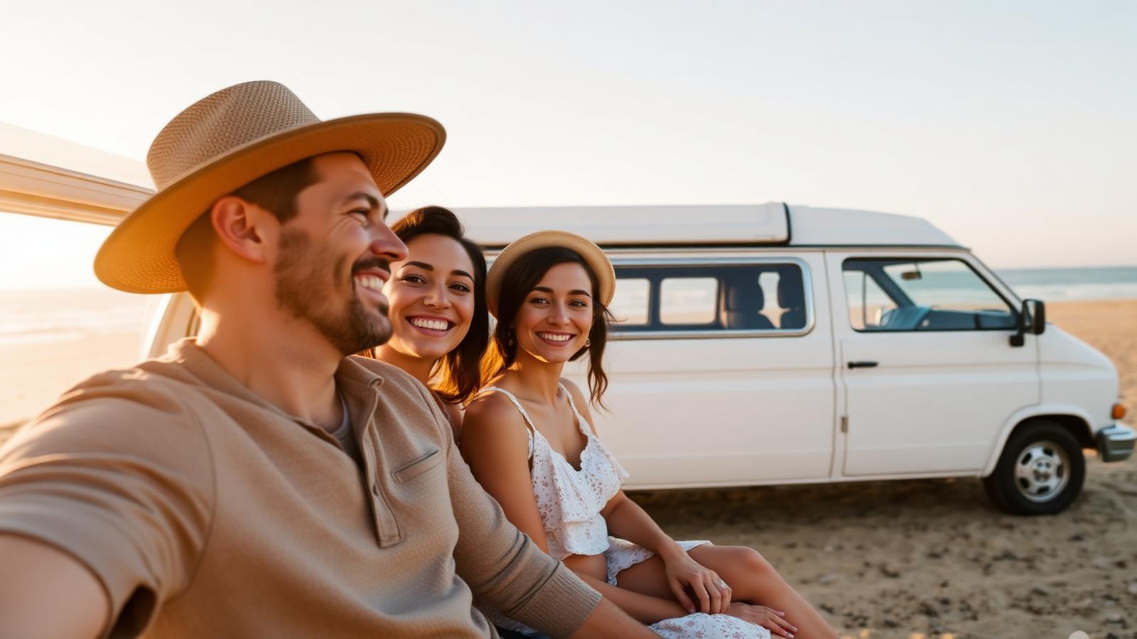Família junto a uma autocaravana numa praia portuguesa