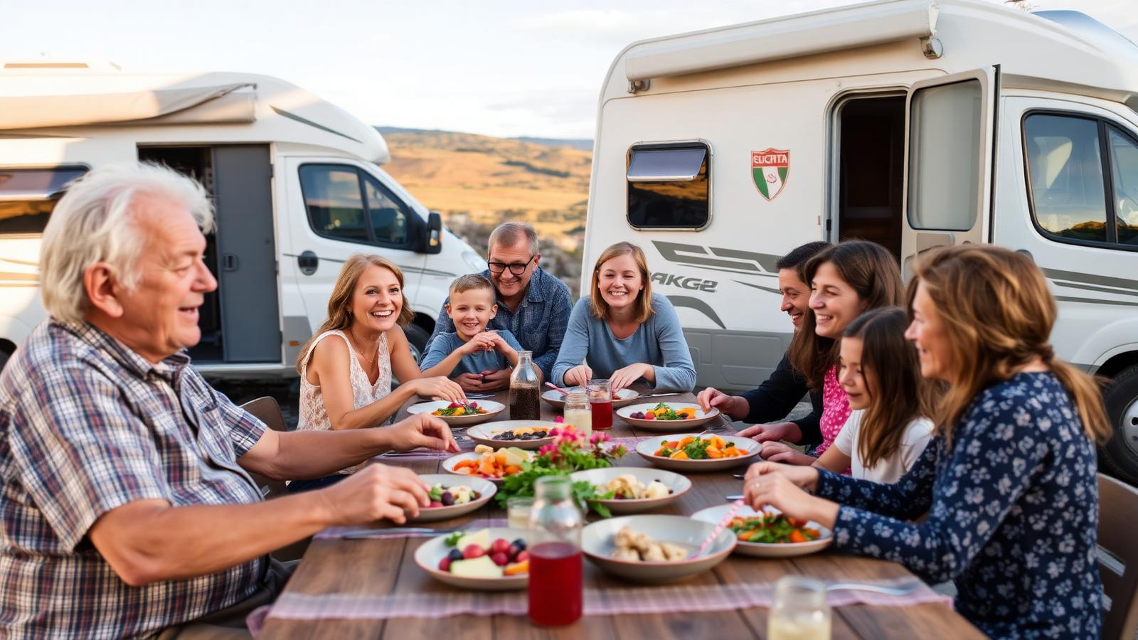 Várias gerações de viajantes reunidas à mesa junto às suas autocaravanas em Portugal