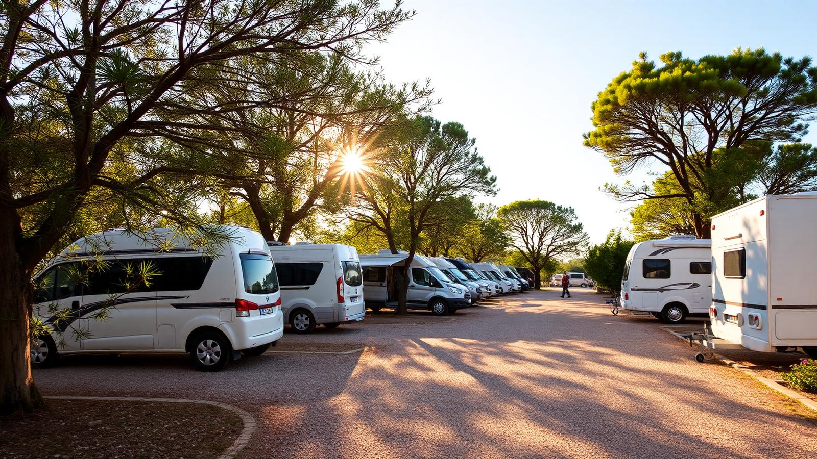 Autocaravanas estacionadas de forma organizada numa área dedicada