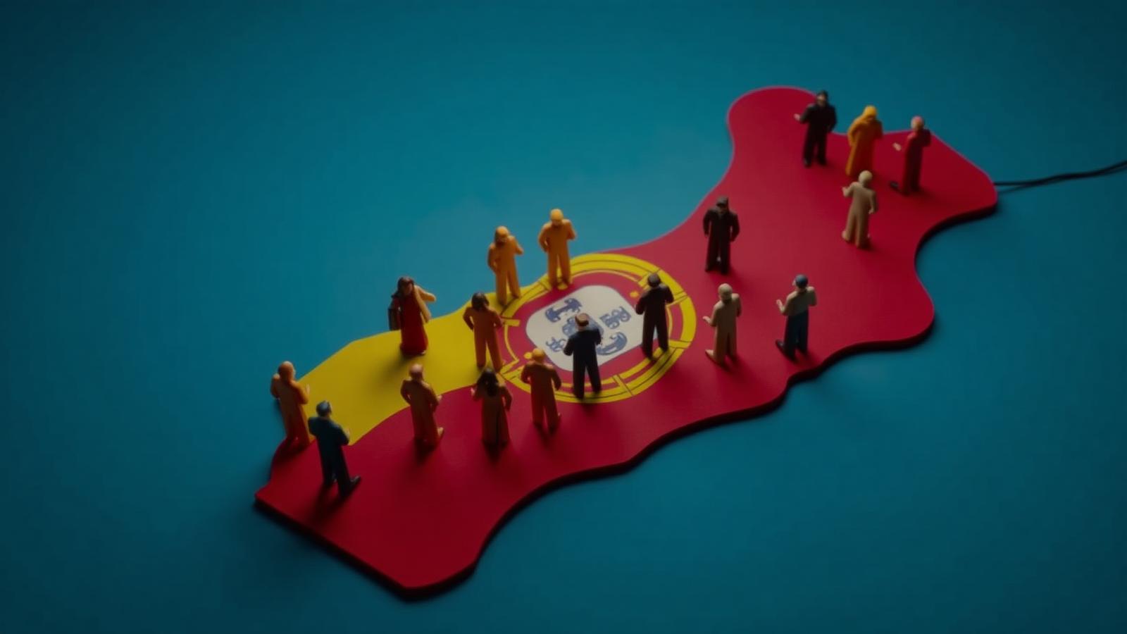 Mapa de Portugal com pessoas representando a união nacional